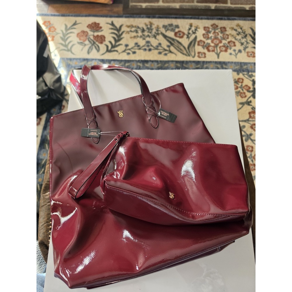 Victoria's Secret Womens Large Burgundy Patent Logo Tote Bag and cosmetic Pouch